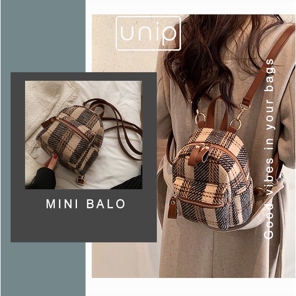 Balo mini dạ kẻ viền da, balo nữ cỡ nhỏ đựng vừa điện thoại phụ kiện - UN8239