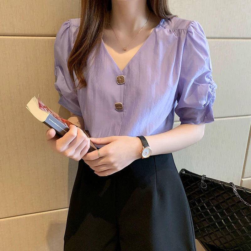 Áo Sơ Mi Chiffon Tay Ngắn Phồng Cổ Chữ v Dáng Rộng Thời Trang Mùa Hè 2022 Cho Nữ