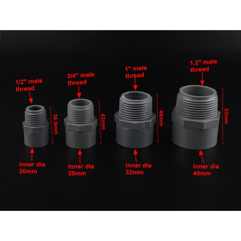 5pcs 1/2",3/4",1",1.2" PVC Thread Connectors 20/25/32/40mm Water Pipe PVC Joints Home Garden Irrigation PVC Fittings