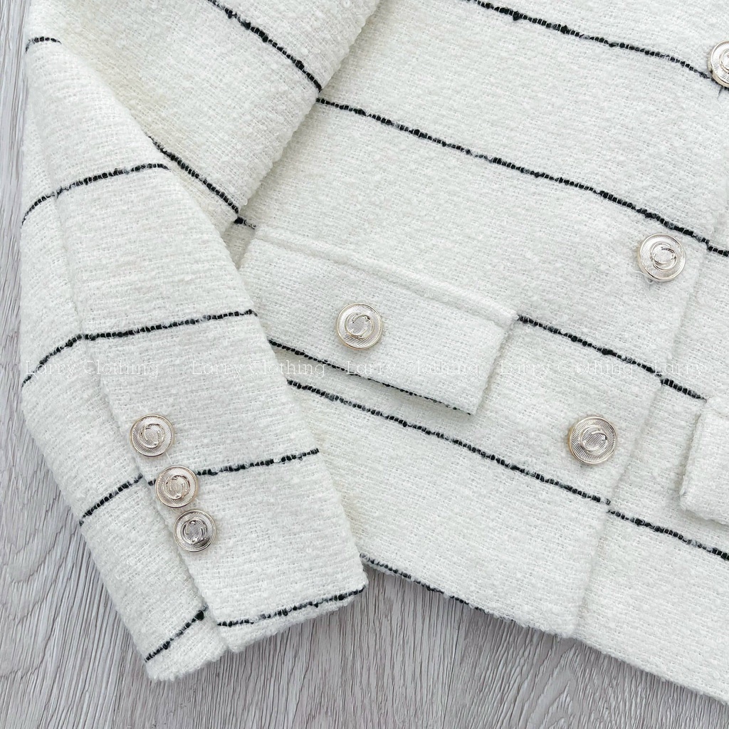 Áo dạ tweed nữ thiết kế tay dài kẻ ngang cúc to kim loại có túi hộp sang chảnh thời trang thiết kế Larry Clothing A755