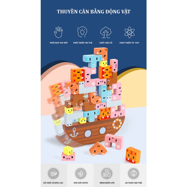 Đồ Chơi Thuyền Cân Bằng Động Vật 3D Bằng Gỗ Nhiều màu Nhiều Cách Chơi