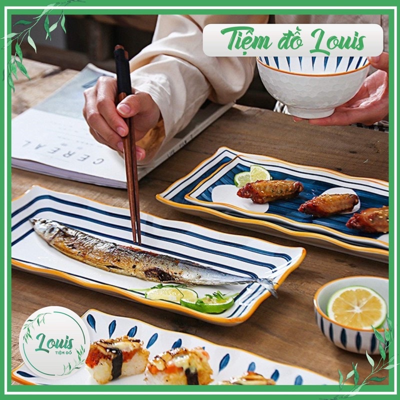 Đĩa Sứ Dài Hình Chữ Nhật Đựng Thức Ăn Sushi Hoạ Tiết Phong Cách Kiểu Nhật Decor Bàn Ăn Dĩa Sứ Ăn Cơm