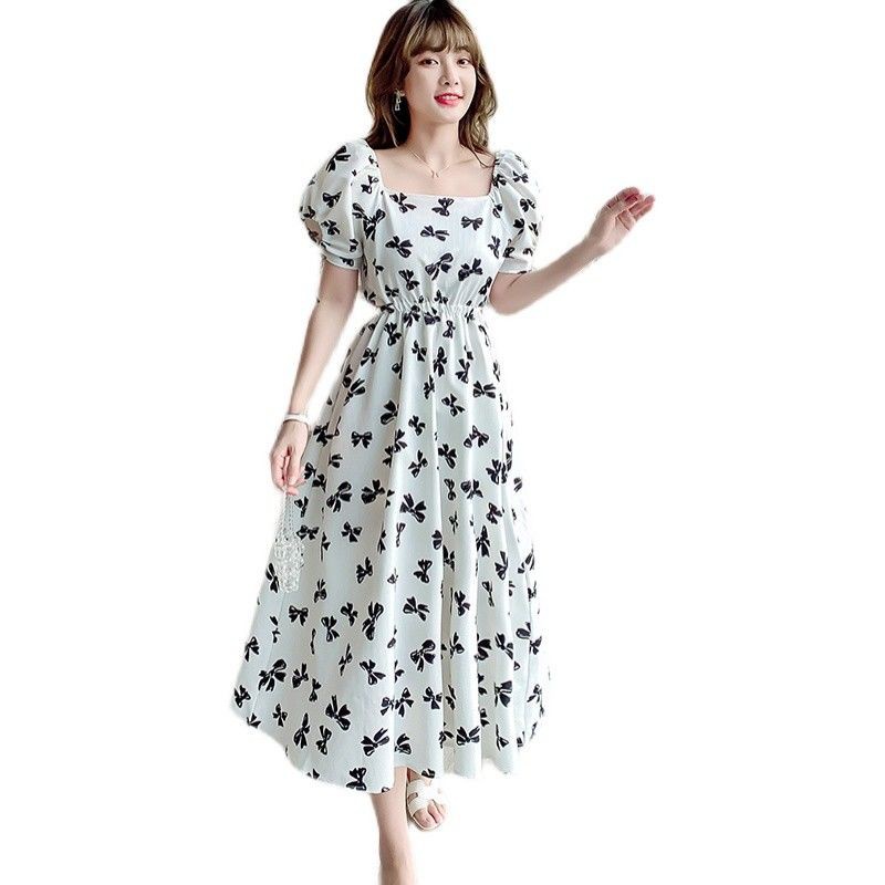 Classic French Low Waist Dress Korean Style Butterfly Square Print Square Neck Fashion White Skirt