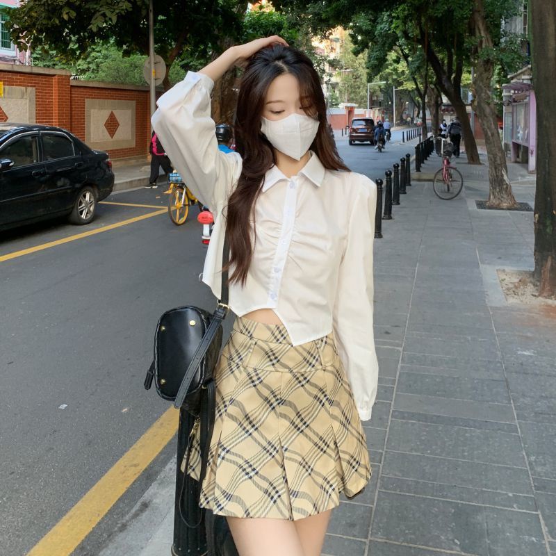 COZOKC COZOK Áo kiểu COZOK tay dài dáng ngắn xếp nếp thời trang Hàn Quốc trẻ trung