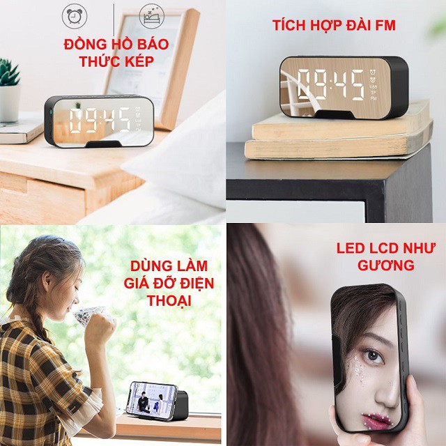 Loa Bluetooth Di Động Có Mặt Gương Tích Hợp Đồng Hồ Báo Thức, Có Khe Cắm Thẻ Nhớ