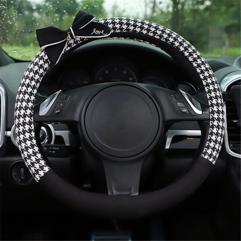 Bọc Vô Lăng Ô Tô Họa Tiết Nanh Sói Houndstooth Đính Nơ Cá Tính