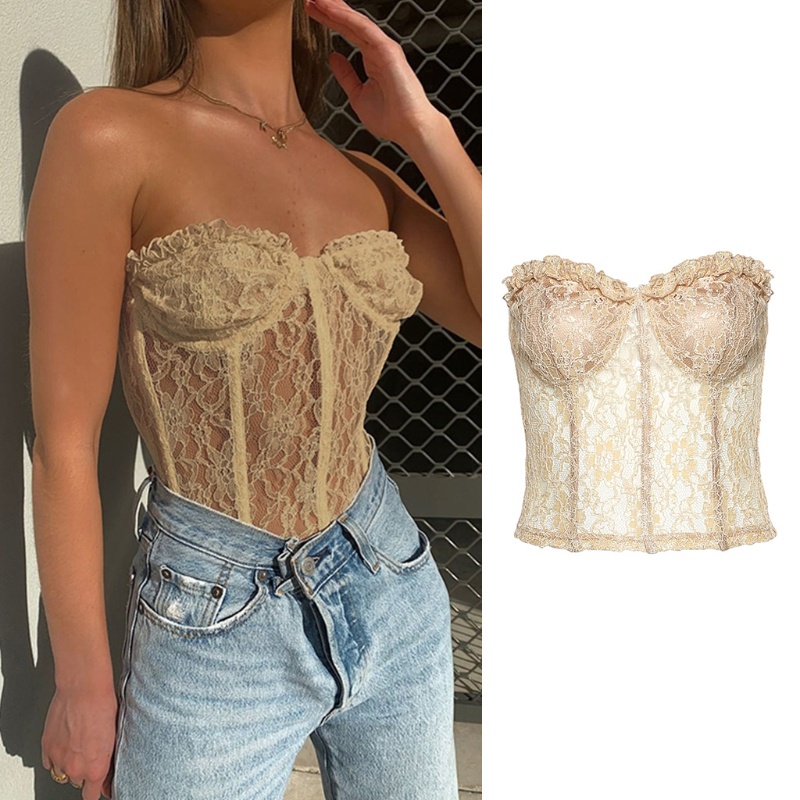 Áo Croptop Trễ Vai Phối Ren Xuyên Thấu Gợi Cảm Cho Nữ