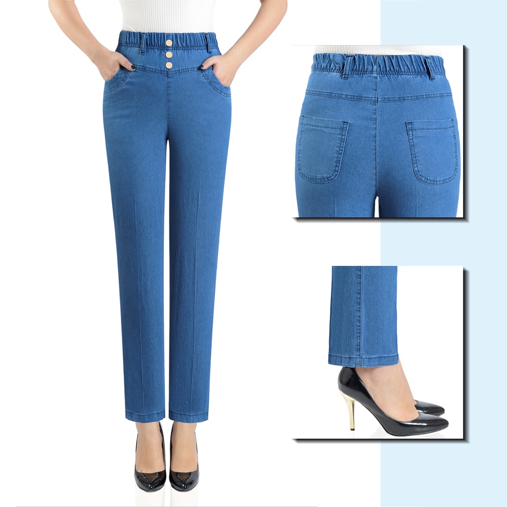 Quần jean nữ cạp thun đính cúc thời trang, quần bò nữ ống suông - chất bò Hàn mềm mát tôn dáng QS42