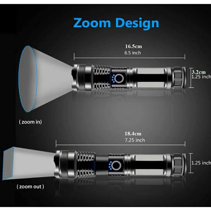 Đèn pin siêu sáng XHP50 chiếu xa 500m, 5 chế độ sáng có zoom xa gần, chống thấm nước pin trâu 6800mAh