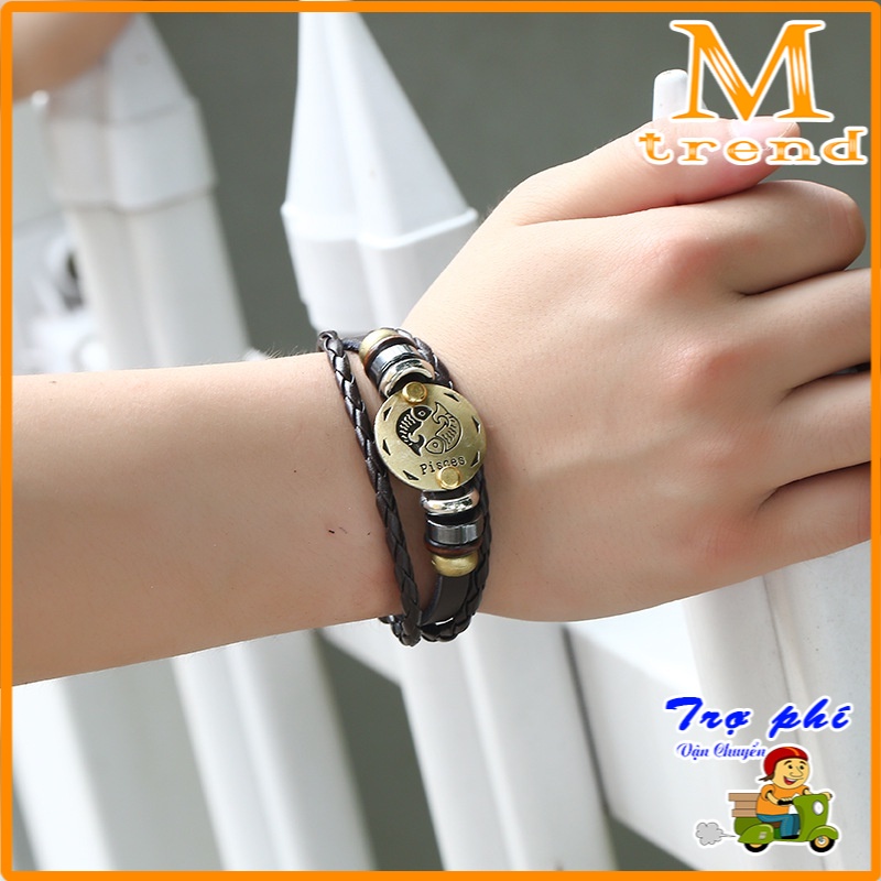 Vòng đeo tay da mặt cung hoàng đạo, vòng tay 12 chòm sao unisex A654