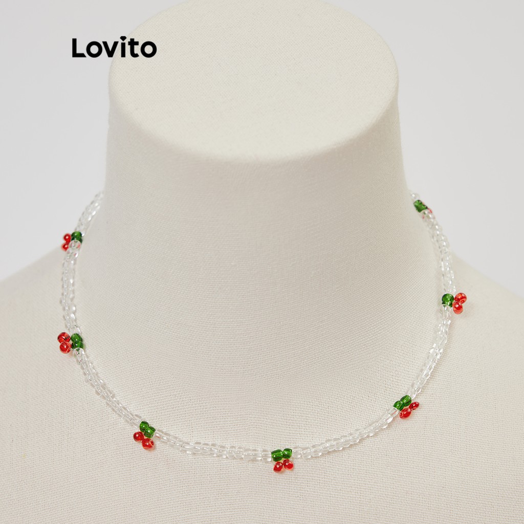 Dây chuyền Lovito hạt bằng nhựa nhiều màu hình trái cherry phong cách boho L233L233 (màu đen/ trắng)