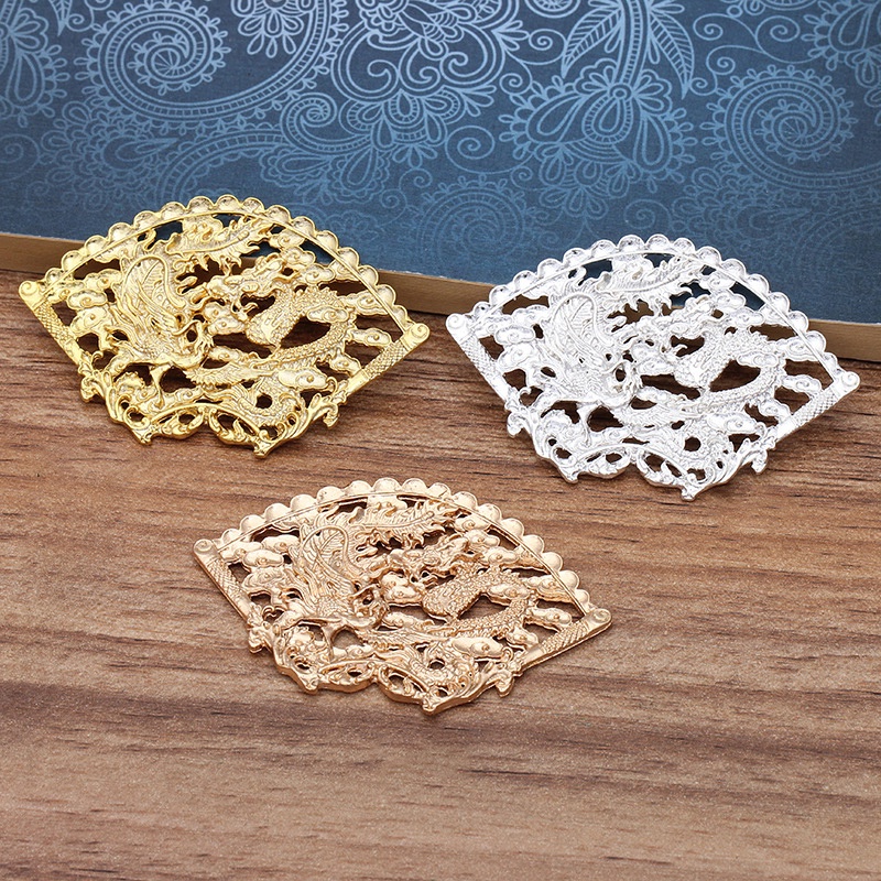 Phiến đúc họa tiết hình quạt chạm rồng phượng 37*58mm nguyên liệu làm trâm làm trang sức cổ trang cosplay cổ phục màu KC