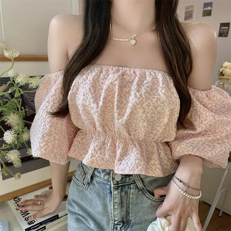 Áo Kiểu Tay Phồng Trễ Vai Màu Hồng Thời Trang Mùa Hè Phong Cách Hàn Quốc Cho Nữ