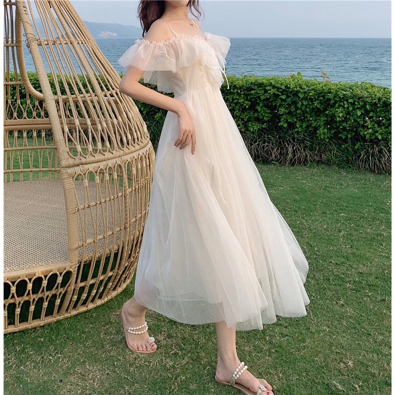 Đầm Váy trắng đi biển nữ đẹp trễ vai maxi 2 dây dài rộng bigsize bikini kiểu Hàn Quốc vintage hở lưng 1111 DK14T302