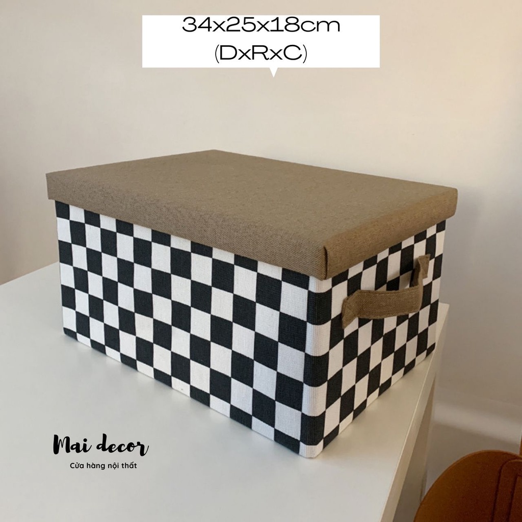 Hộp vải caro đựng đồ đa năng, khung cứng giữ form có nắp đậy