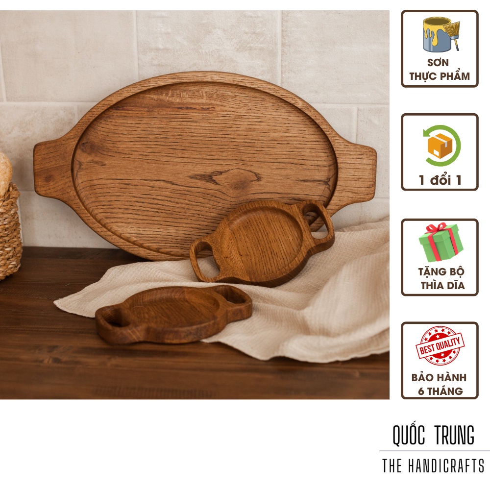 Bộ Khay Gỗ Cao Cấp Hình Bầu Dục Đựng Đồ Ăn Decor Phòng Bếp Xinh Xắn Kích Thước 43x24x2cm