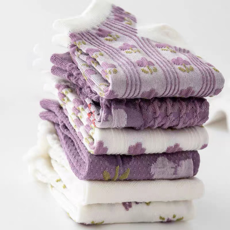 Tất nữ cổ thấp họa tiết vintage màu tím chất liệu cotton thoáng khí - T01