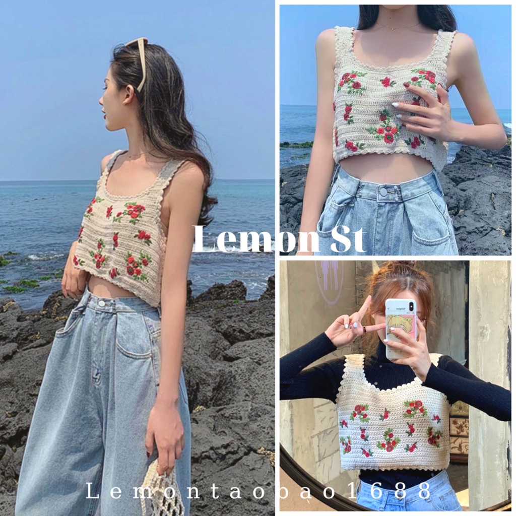 [ Sẵn ] Ảnh thật Áo ba lỗ dệt kim thêu hoa đi biển chất đẹp Lemontaobao1688