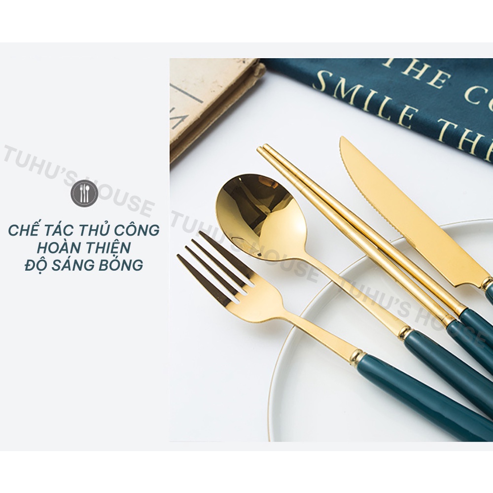 Dao đũa thìa muỗng nĩa inox 304 mạ vàng cán sứ xanh cổ vịt vàng phong cách Bắc Âu sang chảnh - TUHUHOUSE