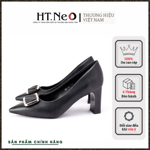 Giày cao gót - Giày công sở HT.NEO Thiết kế da bò thật mềm mại, gót cao đến 7cm, đính nơ vuông đính đá thanh lịch(CS215)