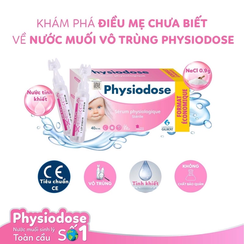 Nước Muối Sinh Lý Physiodose Pháp Hồng( Hộp 40 ống x 5ml )