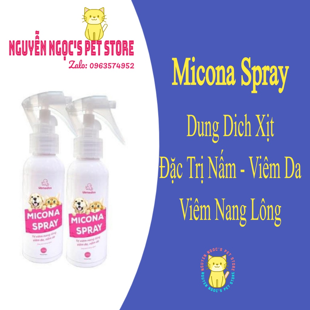 MICONA SPRAY VEMEDIM  - Dung dịch xịt ngoài da trị viêm nang lông, viêm da và nấm da trên CHÓ MÈO 100ml