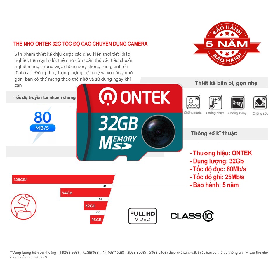 Thẻ nhớ micro SD ONTEK 32G tốc độ lên đến 80M/s chuyên dùng camera