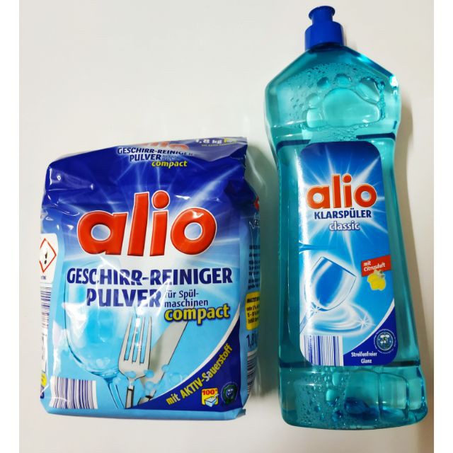 Combo bột rửa bát Alio 1,8kg, bóng Alio 1000ml, muối Alio 2kg. Tặng que thử nước cứng