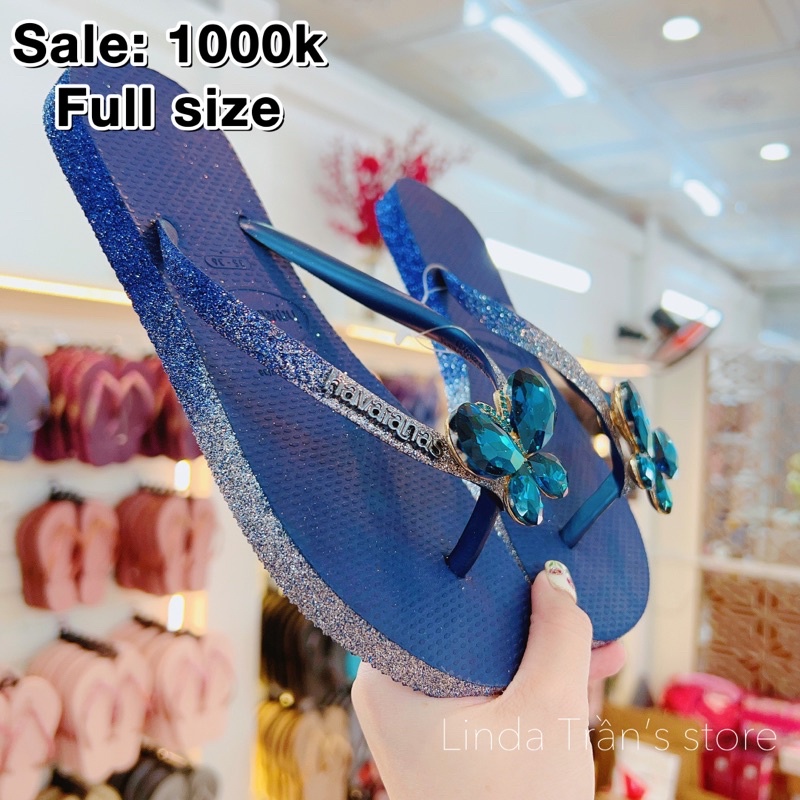 dép HVN kim tuyến viền xanh đen mix charm b.đá xanh dương