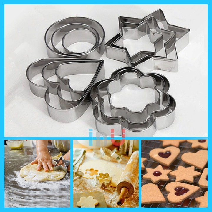 HCM - Bộ 12 khuôn cutter cắt bánh quy hình khối Tròn, Sao 6 cánh, Trái Tim, Bông hoa