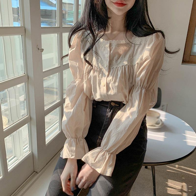 Áo Kiểu Tay Dài Cổ Vuông Phối Ren Phong Cách Retro Hàn Quốc Dành Cho Nữ