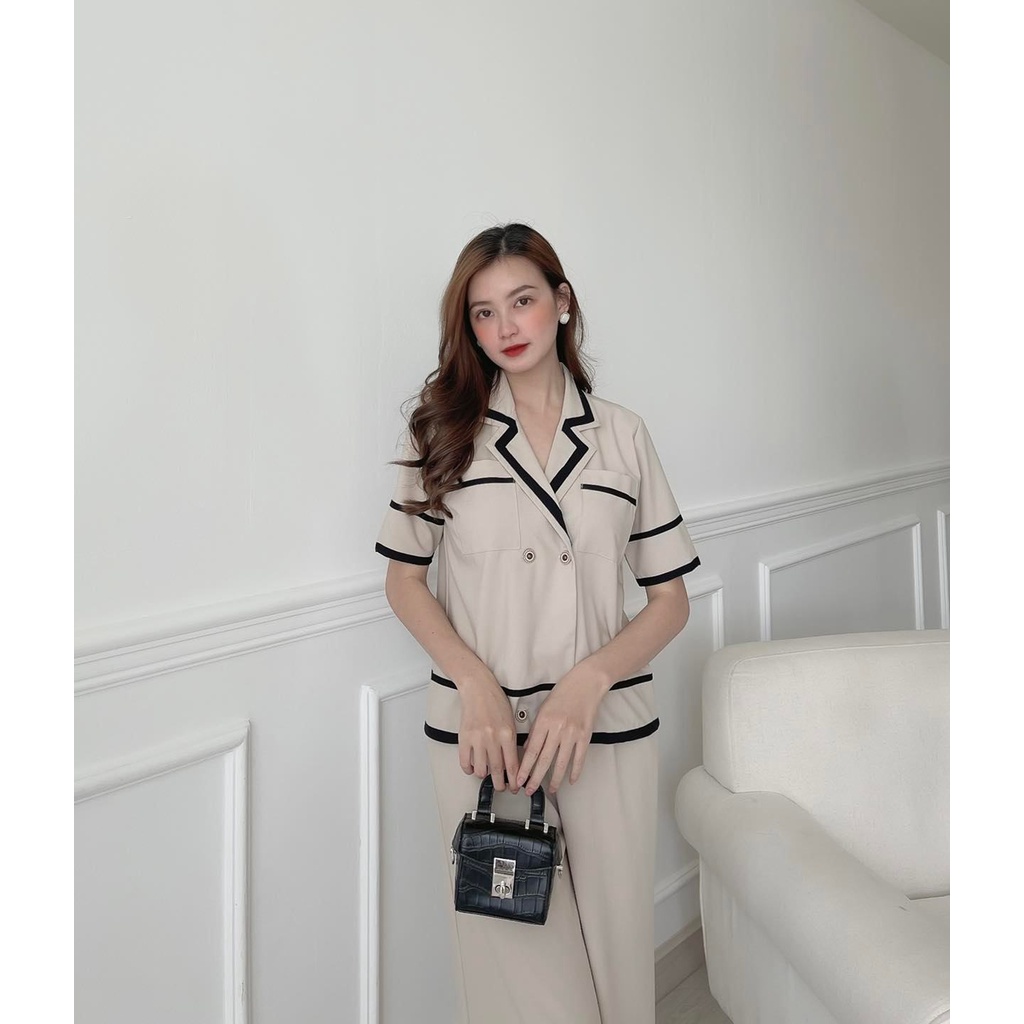 [HÀNG THIẾT KẾ CAO CẤP] Set Vest Tay Ngắn Phối Nút + Quần Suông Tôn Dáng Công Sở Thanh Lịch Màu Nude