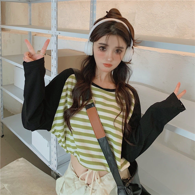 Áo Thun Ngắn Họa Tiết Kẻ Sọc Dễ Thương Phong Cách Hàn Quốc Thời Trang Cho Nữ