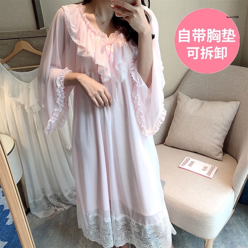 Đầm Ngủ Tay Dài Phối Ren Có Mút Ngực Phong Cách Công Chúa Dễ Thương Cho Nữ