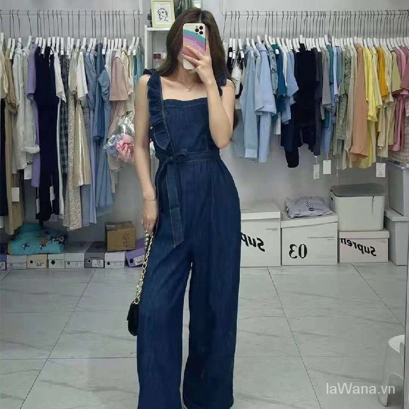 Bộ Áo Liền Quần Denim Không Tay Phối Bèo Thời Trang Mùa Hè Châu Âu Cho Nữ 2021