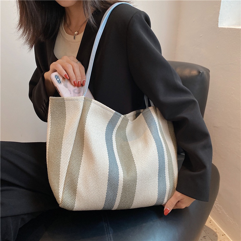 Túi xách vải bạt cỡ lớn in họa tiết kẻ sọc phong cách mùa hè đơn giản cho nữ IELGY
