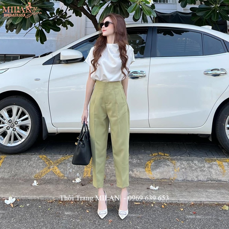 Quần tây nữ lưng cao đi học làm công sở ống đứng màu Đen Trắng dáng quần vải baggy cạp liền cao nữ công sở học sinh dài