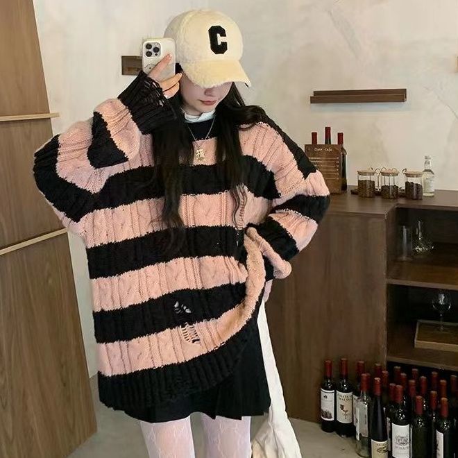 Áo Len Dáng Rộng Họa Tiết Kẻ Sọc Nhiều Màu Sắc Thời Trang Cho Nữ
