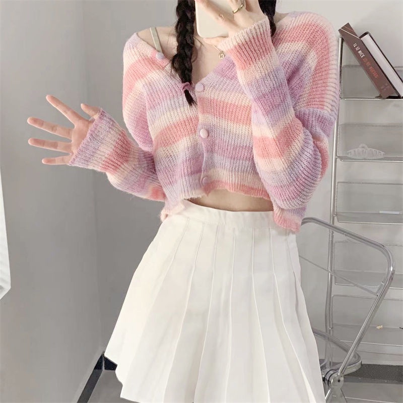 Áo Khoác Cardigan Dệt Kim Mỏng Tay Dài Dáng Ngắn Họa Tiết Kẻ Sọc Màu Xanh Lá Thời Trang Cho