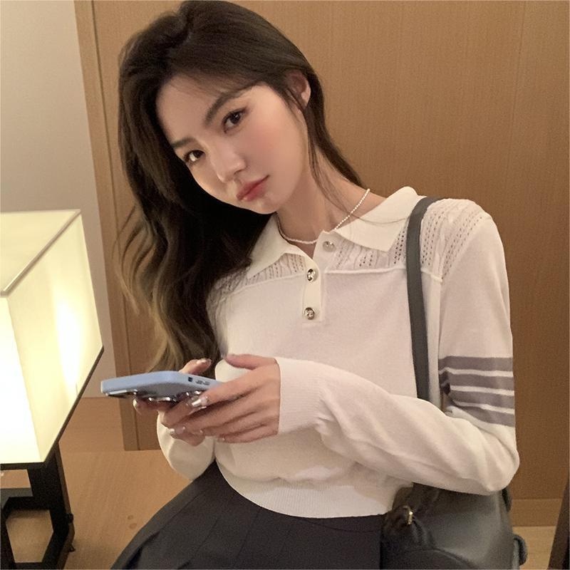 Áo len ZHELIHANGFEI polo tay dài form rộng theo phong cách đến trường dễ phối đồ