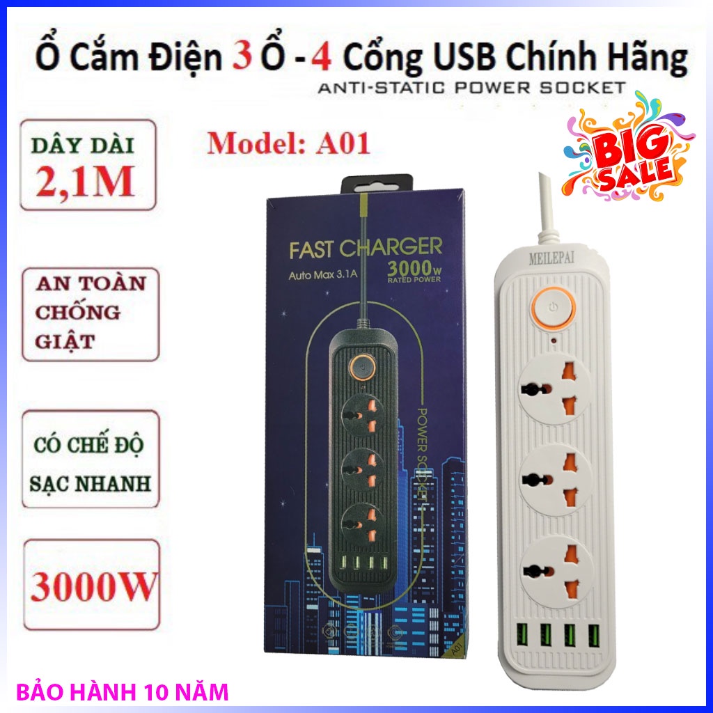 Ổ điện A01 - ổ cắm điện đa năng chống giật -ổ cắm điện thông minh kèm cổng sạc USB (3 phích cắm, 4USB)