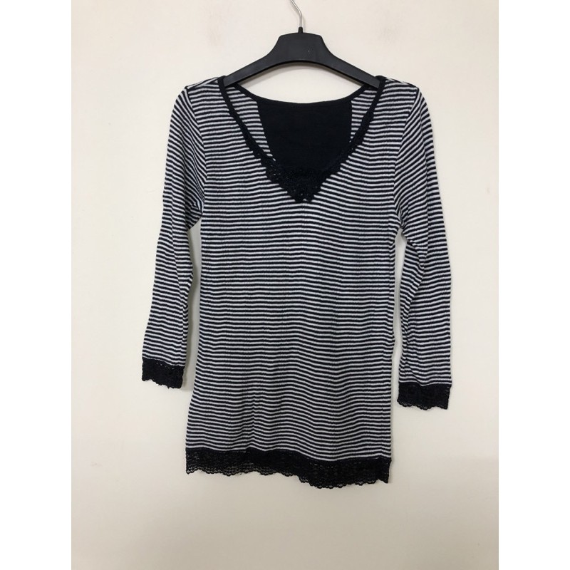 Tặng khách - áo thun gân Nhật 2hand phối ren kẻ ngang màu xanh đen form ôm size L XL