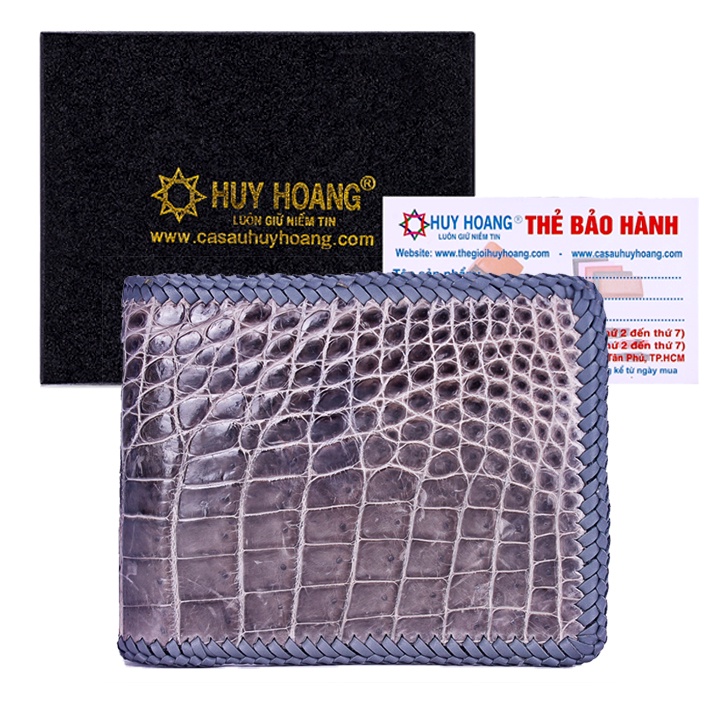 Bóp nam Huy Hoàng da cá sấu đan viền gai bụng màu xám HP2714