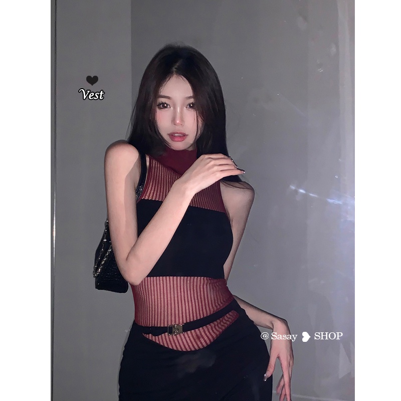 QADCOL  Áo Dệt Kim Hai Dây Cổ Lọ Phối Lưới Thời Trang Mùa Hè Quyến Rũ Cho Nữ