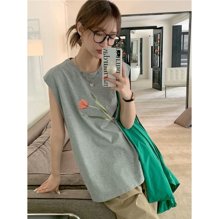 Jiashucheng Áo Thun Nữ Không Tay In Hình Hoa Tulip Phong Cách Hàn Quốc Mới