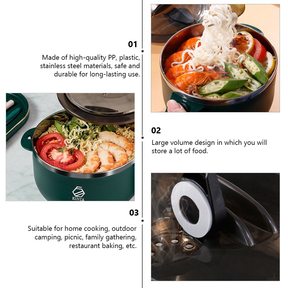 1Pc Stainless Steel  Noodles Bowl Students Rice Bowl Lidded Insulated Bowl Green