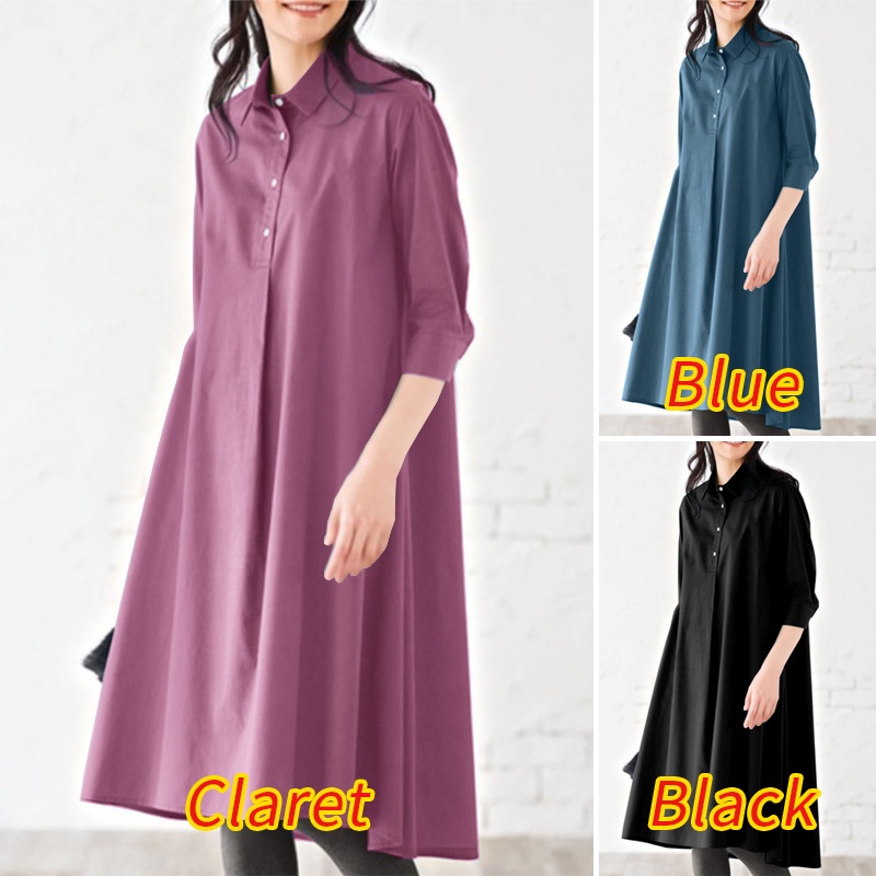Đầm dài ZANZEA tay 3/4 gài khuy cổ bẻ phong cách cổ điển thời trang dành cho bạn nữ