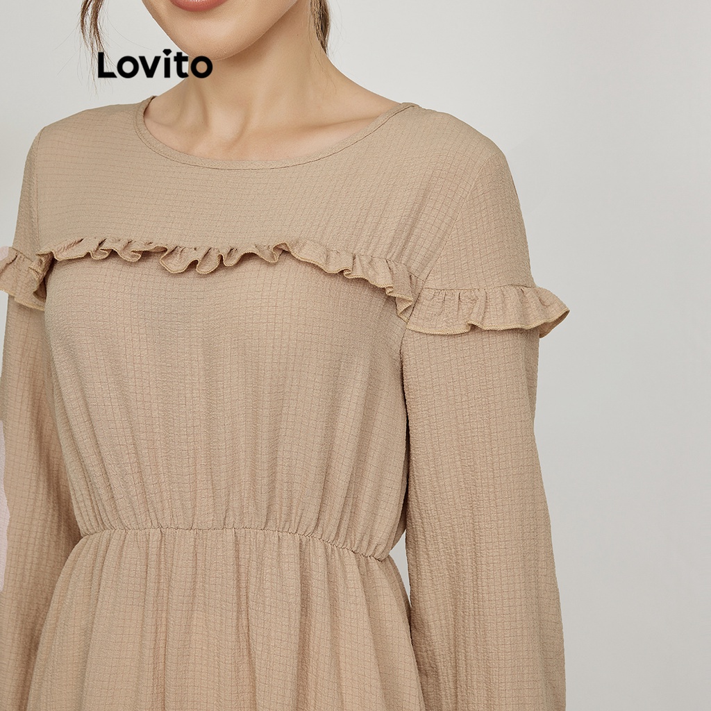 Lovito Đầm suông xếp nếp đơn giản L24ED114 (Kaki)