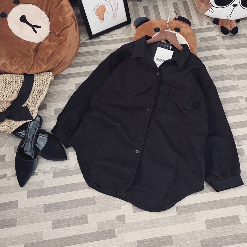 Áo khoác dáng sơmi túi nắp trơn basic tay phồng vạt bầu kaki da lộn unisex ulzzang nam nữ