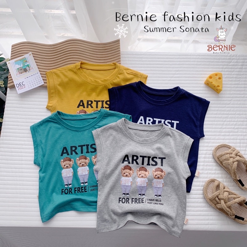 Áo ba lỗ bé trai Bernie cotton mềm mịn, họa tiết 4 chú gấu Artist 4 màu thấm hút mồ hôi cho bé từ 9-23kg